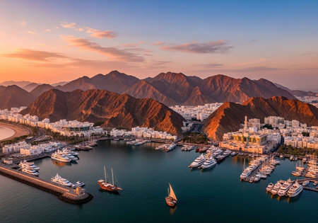 Aerial view of Luxury yachts and boats moored in the harbor at sunset.の写真素材