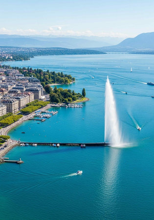 Aerial view of Geneva lake and city, Switzerlandの写真素材