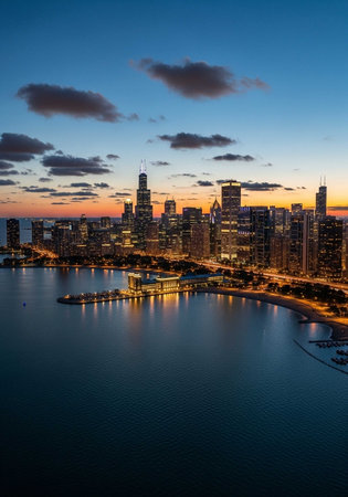 Aerial view of Chicago skyline at sunset, Illinois, USA.の写真素材