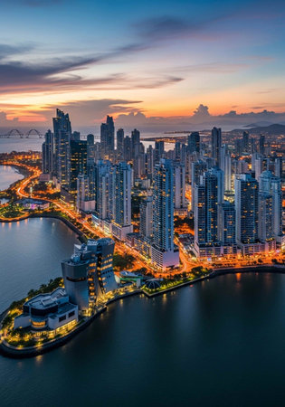 Aerial view of skyscrapers in Hong Kong city at sunsetの写真素材