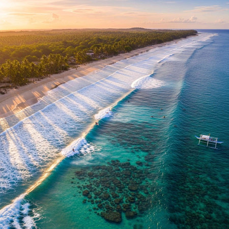 Aerial view of the Brooklyn Bridge and Lower Manhattan at sunset.の写真素材