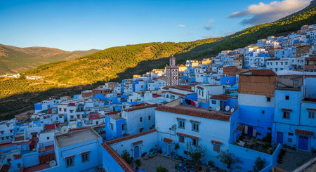 Aerial view of beautiful town with blue houses and green mountains at sunset timeの写真素材