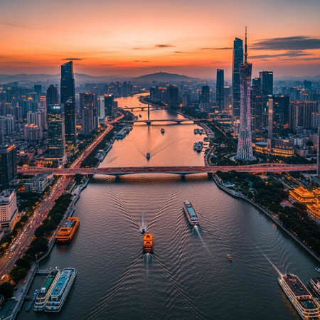 Aerial view of Pudong skyline at sunset, Shanghai, Chinaの写真素材