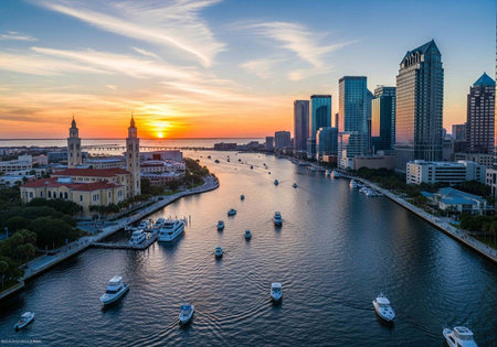 Aerial view of Miami skyline at sunset, Florida, USA.の写真素材