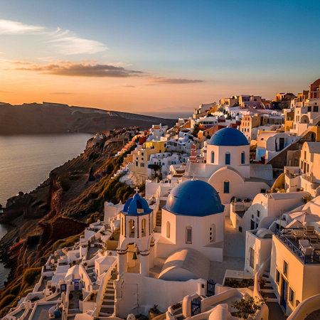 Oia village on Santorini island in Greece at sunset.の写真素材