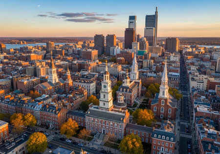 downtown city skyline at sunset.の写真素材