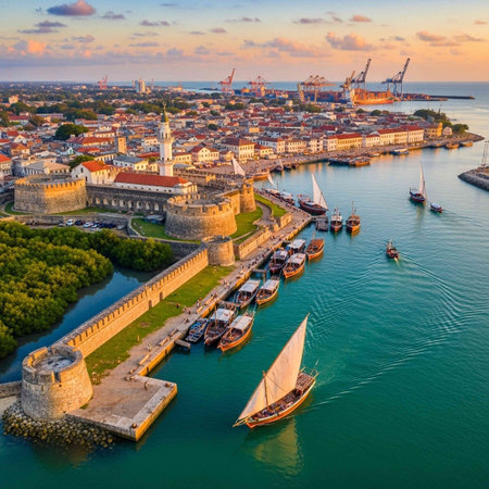 Aerial view of a medieval fortress town at sunset.の写真素材