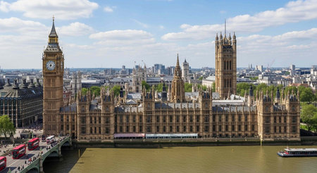 Panoramic view of Houses of Parliament and Westminster Bridge in London, UKの写真素材
