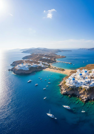 Panoramic view of Mykonos island, Cyclades, Greeceの写真素材