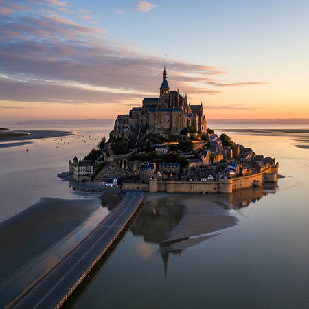 Mont Saint Michel, Normandy, France. Sunrise over Mont Saint Michel.の写真素材