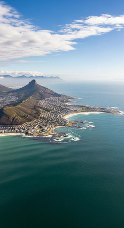 Aerial view of a mountain and coastal landscape.の写真素材