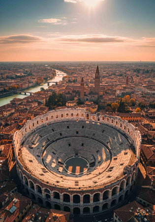 Aerial view of ancient Roman arena in Verona, Italyの写真素材