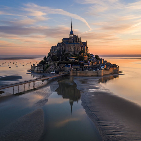 The Mont Saint Michel abbey at sunset in Normandy, France.の写真素材