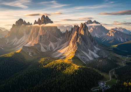 Aerial view of the Dolomites at sunset, Italy.の写真素材