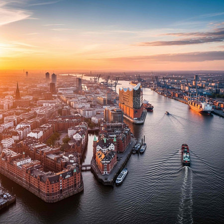 Aerial view of the river Thames at sunset, London, UKの写真素材