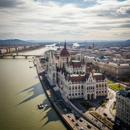 Aerial view of Budapest Parliament Building and Danube river, Hungaryの写真素材