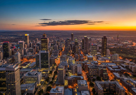 Aerial view of a downtown cityscape at dusk.の写真素材