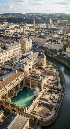 Aerial view of a city with historical architecture and a river.の写真素材