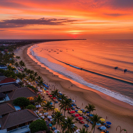 Aerial view of beautiful tropical beach and sea at sunset time for travel and vacationの写真素材