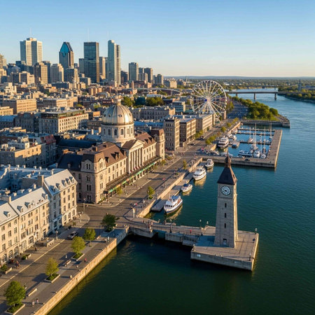 Aerial view of the skyline of a city with a river and historical buildings.の写真素材