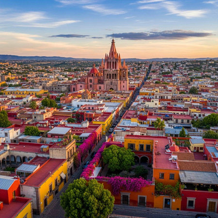 Aerial view of the cityscape at sunsetの写真素材