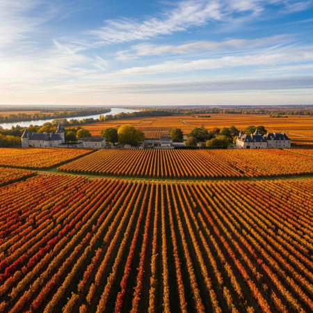 Aerial view of Champagne vineyard in autumn, France.の写真素材