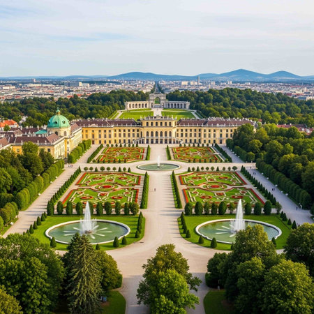 Aerial view of Schonbrunn Palace and Gardens in Vienna, Austriaの写真素材