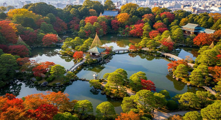 Aerial view of the autumn maple leaves in Tokyo, Japan.の写真素材