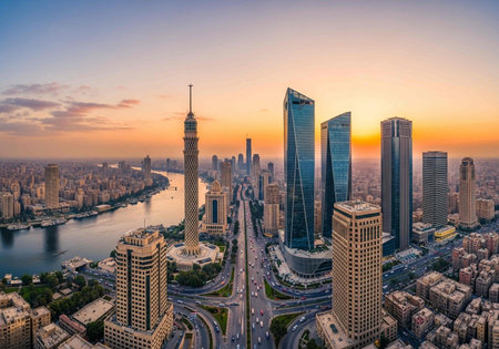 Aerial view of a cityscape at sunset.の写真素材