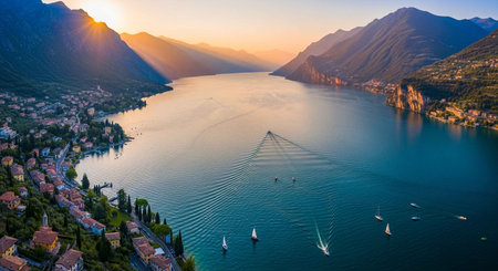 Aerial view of Lake Como at sunset, Lombardy, Italyの写真素材