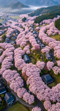 Aerial view of cherry blossom sakura or cherry blossom tree in Japan.の写真素材