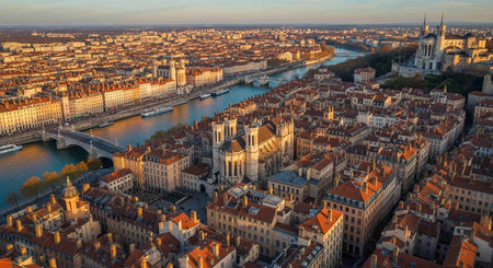 Panoramic aerial view of Lyon, France with Notre-Dame de Fourviere and Saone river.の写真素材
