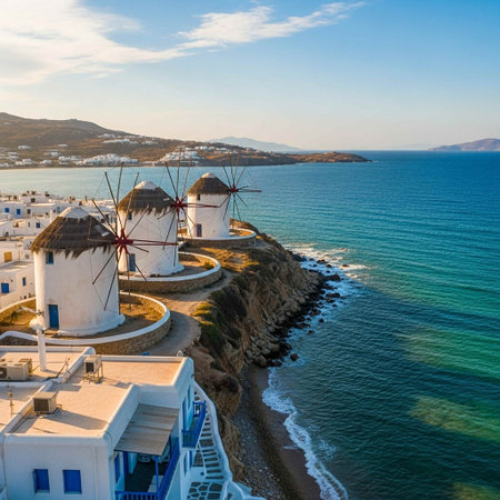 Traditional windmills on Mykonos island, Greece.の写真素材