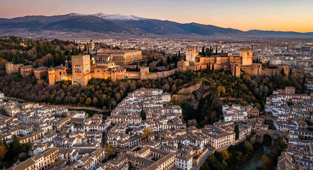 Panoramic view of Alhambra at sunset, Granada, Spainの写真素材