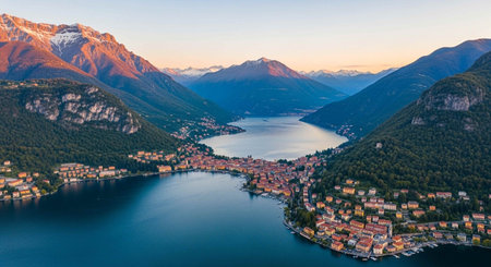 Aerial view of Lake Como, Italy. Panoramic view of the city of Bellagio and the Alps.の写真素材