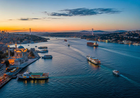 Aerial view of Golden Horn and Bosphorus Strait at sunset, Istanbul, Turkeyの写真素材