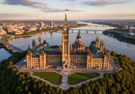 Parliament building in Budapest, Hungary at sunset. Aerial view.の写真素材