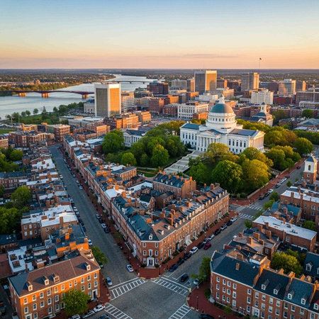 Maryland, USA downtown skyline at sunset. Aerial view.の写真素材