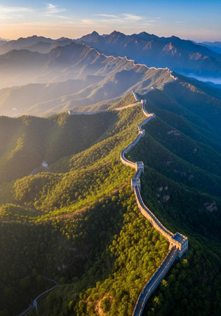Aerial view of the Great Wall of China at sunset, Chinaの写真素材
