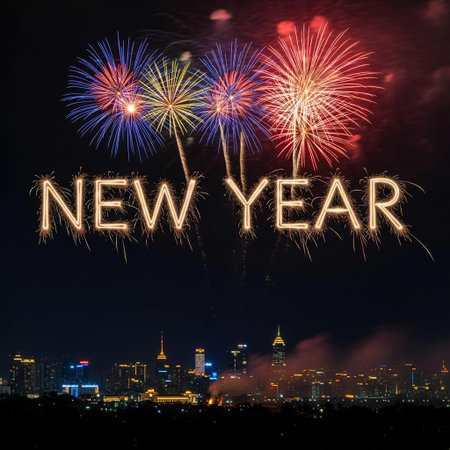 Happy new year written with sparkle firework over cityscape at nightの写真素材