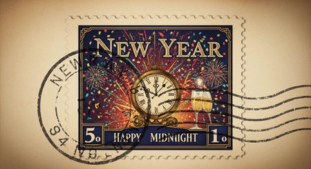New Year's Eve - Postage stamp with fireworks and glasses of wineの写真素材