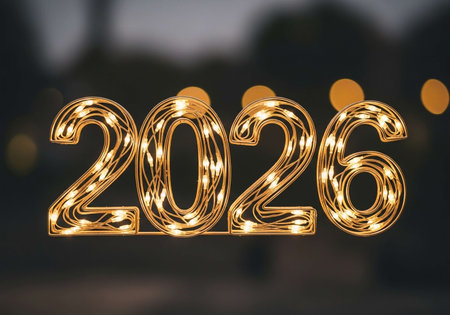 Happy New Year written with LED lights on bokeh backgroundの写真素材