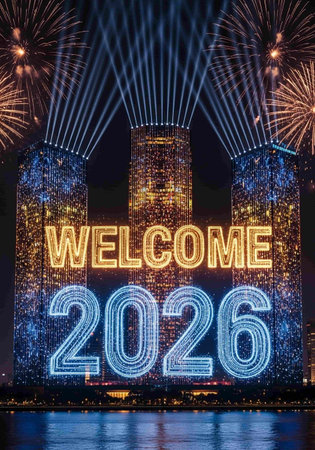 Welcome 2026 text with fireworks over skyscrapers at night, New Year conceptの写真素材