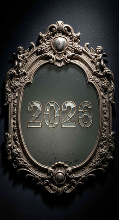 Vintage frame with numbers 2026 on a black background.の写真素材