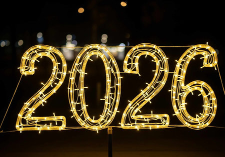 Happy New Year written with glowing lights. Blurred background.の写真素材