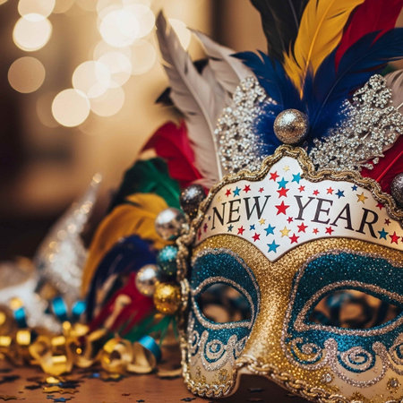 Traditional venetian carnival mask with feathers and beadsの写真素材