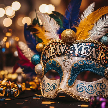 mask with feathers and beads on bokeh background.の写真素材