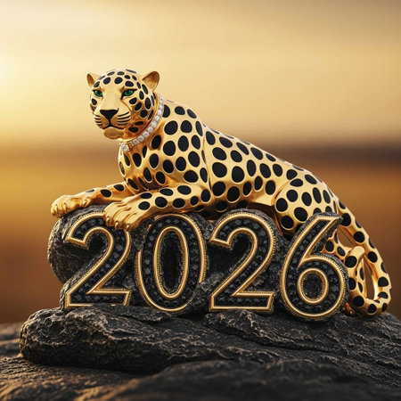 Figurine of a leopard sitting on a rock with the numbers 2026.の写真素材