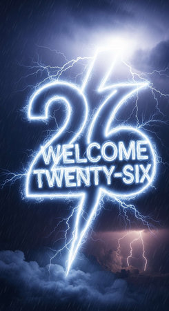 25th year anniversary written with lightning over night sky background. 3D Renderの写真素材