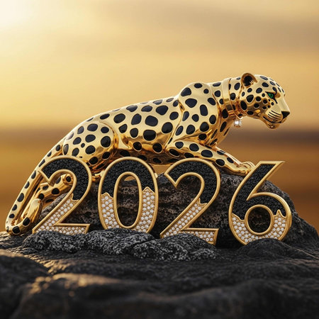 Figurine of a cheetah with the inscription Happy New Yearの写真素材